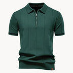Men's short-sleeve knitted polo shirt with zip neck, classic collar and striped cuffs