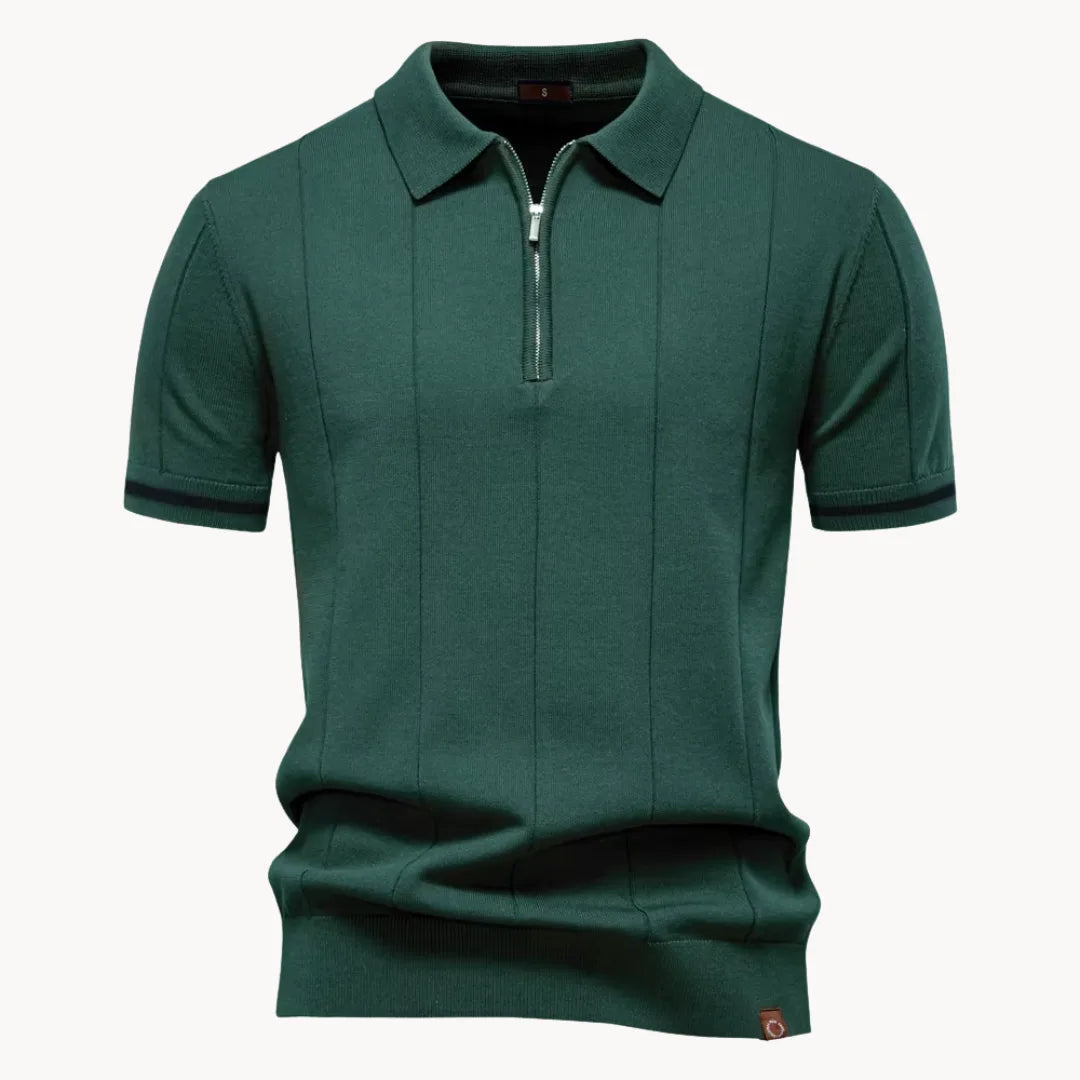 Men's short-sleeve knitted polo shirt with zip neck, classic collar and striped cuffs