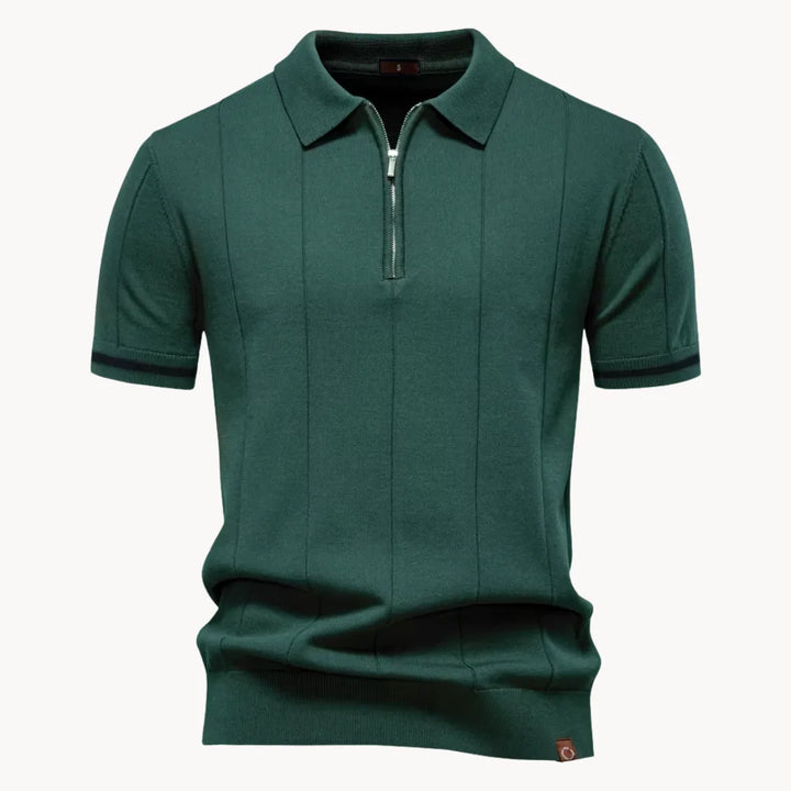 Men's short-sleeve knitted polo shirt with zip neck, classic collar and striped cuffs
