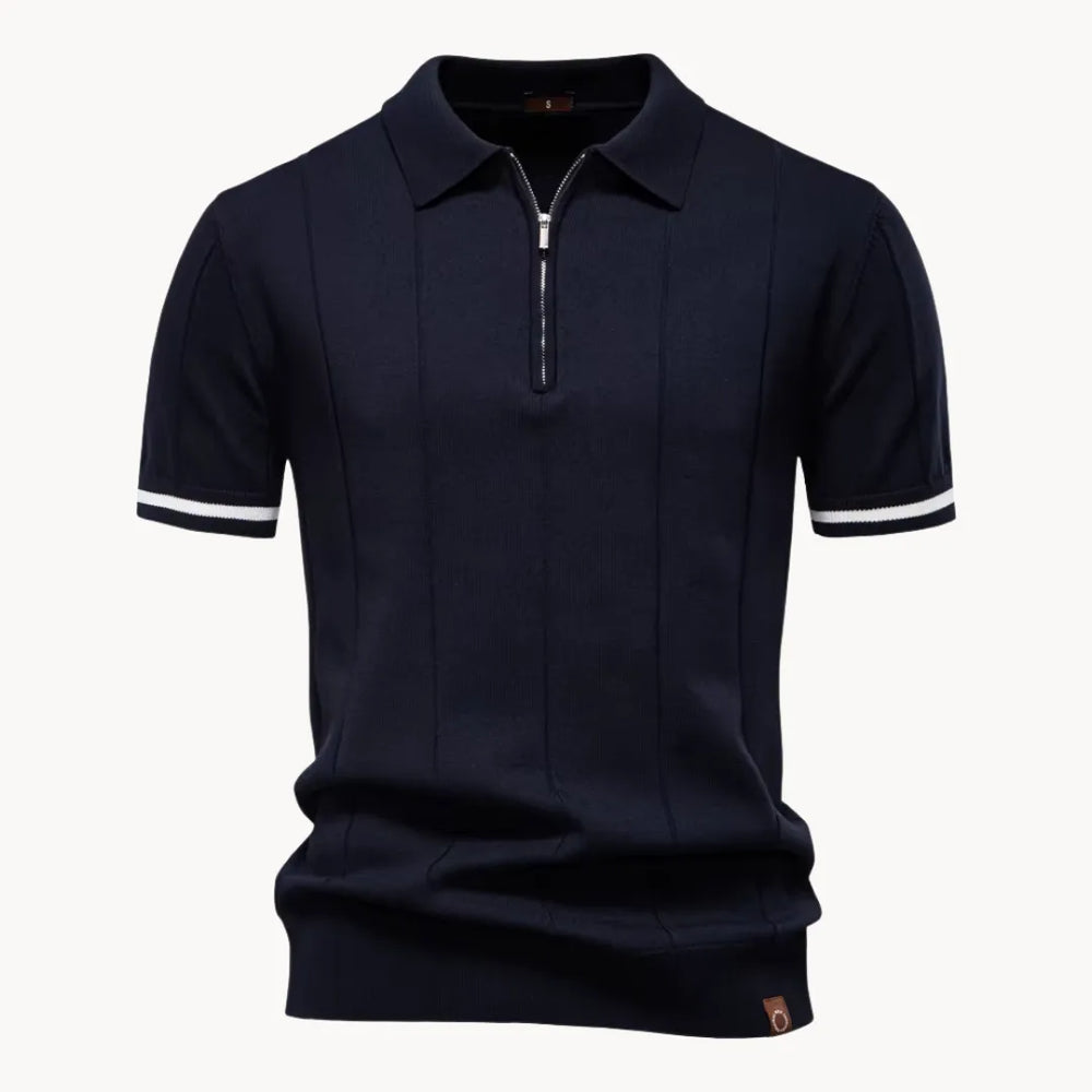 Men's short-sleeve knitted polo shirt with zip neck, classic collar and striped cuffs
