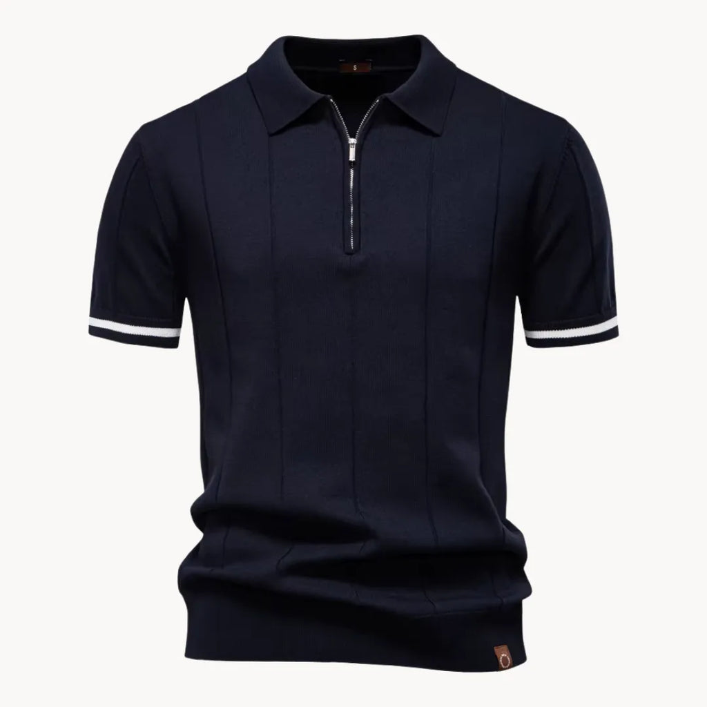 Men's short-sleeve knitted polo shirt with zip neck, classic collar and striped cuffs