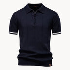Men's short-sleeve knitted polo shirt with zip neck, classic collar and striped cuffs