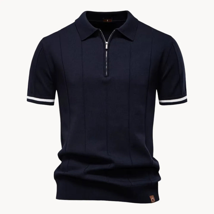 Men's short-sleeve knitted polo shirt with zip neck, classic collar and striped cuffs