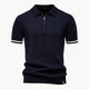Men's short-sleeve knitted polo shirt with zip neck, classic collar and striped cuffs