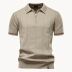 Men's short-sleeve knitted polo shirt with zip neck, classic collar and striped cuffs