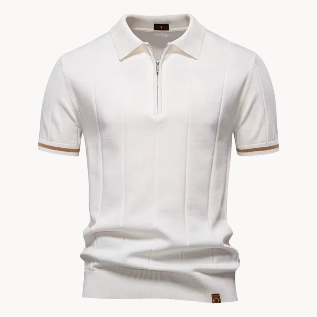 Men's short-sleeve knitted polo shirt with zip neck, classic collar and striped cuffs
