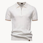 Men's short-sleeve knitted polo shirt with zip neck, classic collar and striped cuffs