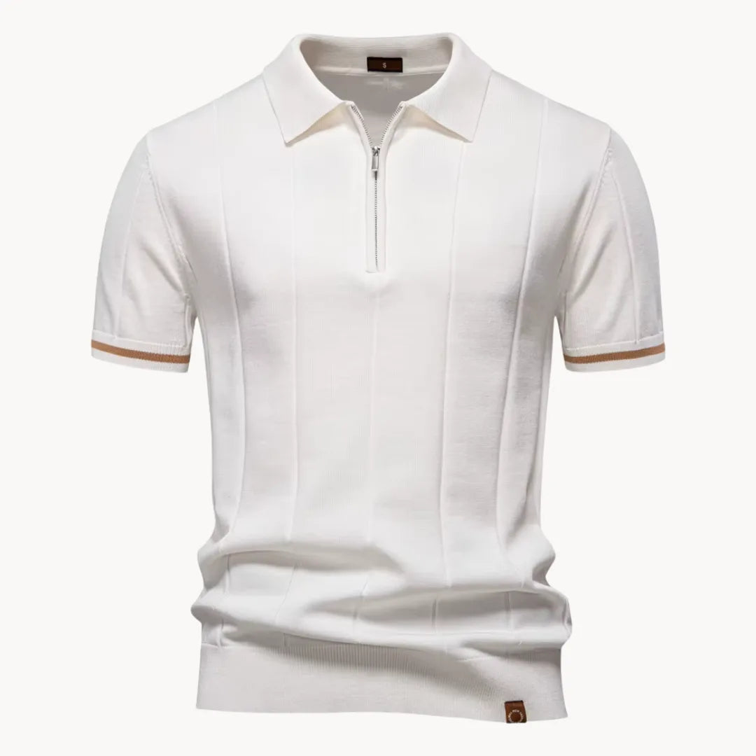 Men's short-sleeve knitted polo shirt with zip neck, classic collar and striped cuffs