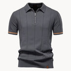Men's short-sleeve knitted polo shirt with zip neck, classic collar and striped cuffs