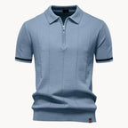 Men's short-sleeve knitted polo shirt with zip neck, classic collar and striped cuffs