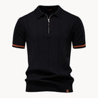 Men's short-sleeve knitted polo shirt with zip neck, classic collar and striped cuffs