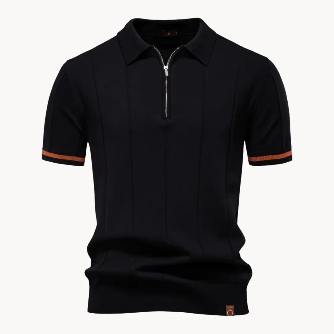 Men's short-sleeve knitted polo shirt with zip neck, classic collar and striped cuffs