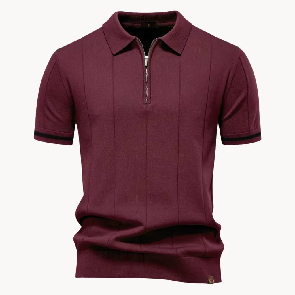 Men's short-sleeve knitted polo shirt with zip neck, classic collar and striped cuffs