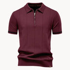 Men's short-sleeve knitted polo shirt with zip neck, classic collar and striped cuffs