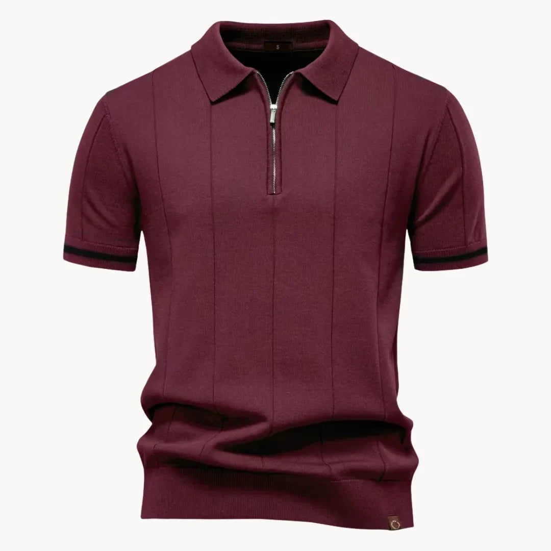 Men's short-sleeve knitted polo shirt with zip neck, classic collar and striped cuffs