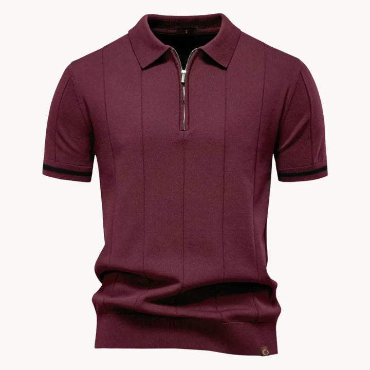 Men's short-sleeve knitted polo shirt with zip neck, classic collar and striped cuffs