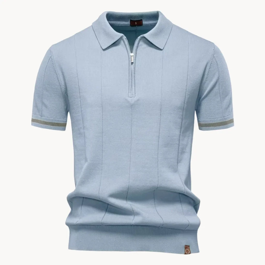 Men's short-sleeve knitted polo shirt with zip neck, classic collar and striped cuffs