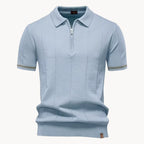 Men's short-sleeve knitted polo shirt with zip neck, classic collar and striped cuffs