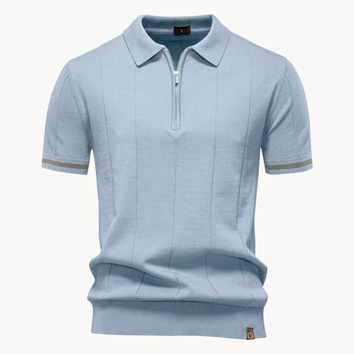 Men's short-sleeve knitted polo shirt with zip neck, classic collar and striped cuffs