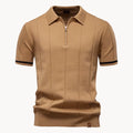 Men's short-sleeve knitted polo shirt with zip neck, classic collar and striped cuffs