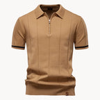 Men's short-sleeve knitted polo shirt with zip neck, classic collar and striped cuffs