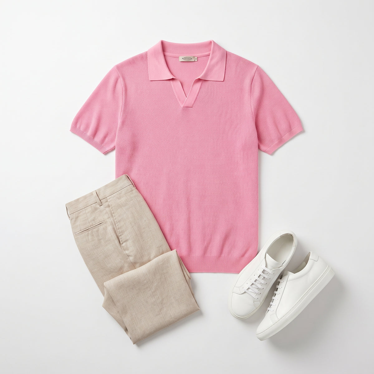 Men's Pink Waffle Knit Polo, V-Neck, Short Sleeves