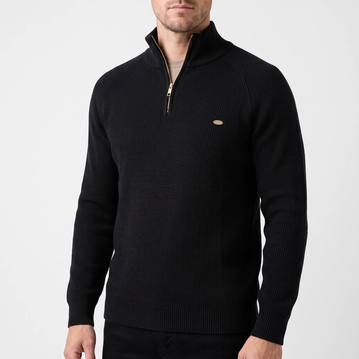 Men's ribbed mock neck sweater with half-zip and long sleeves