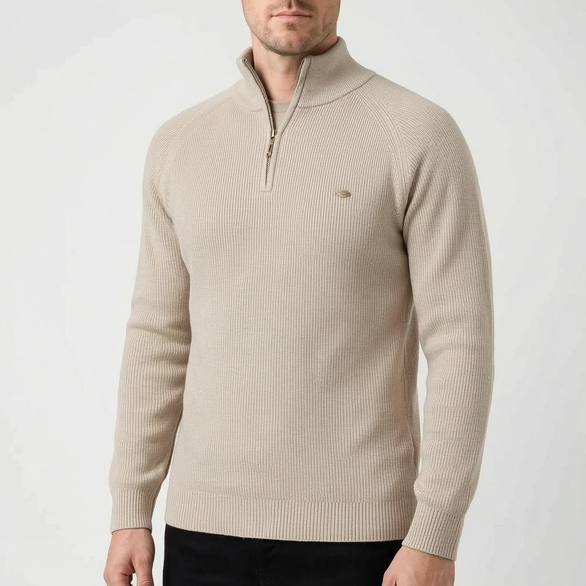 Men's ribbed mock neck sweater with half-zip and long sleeves