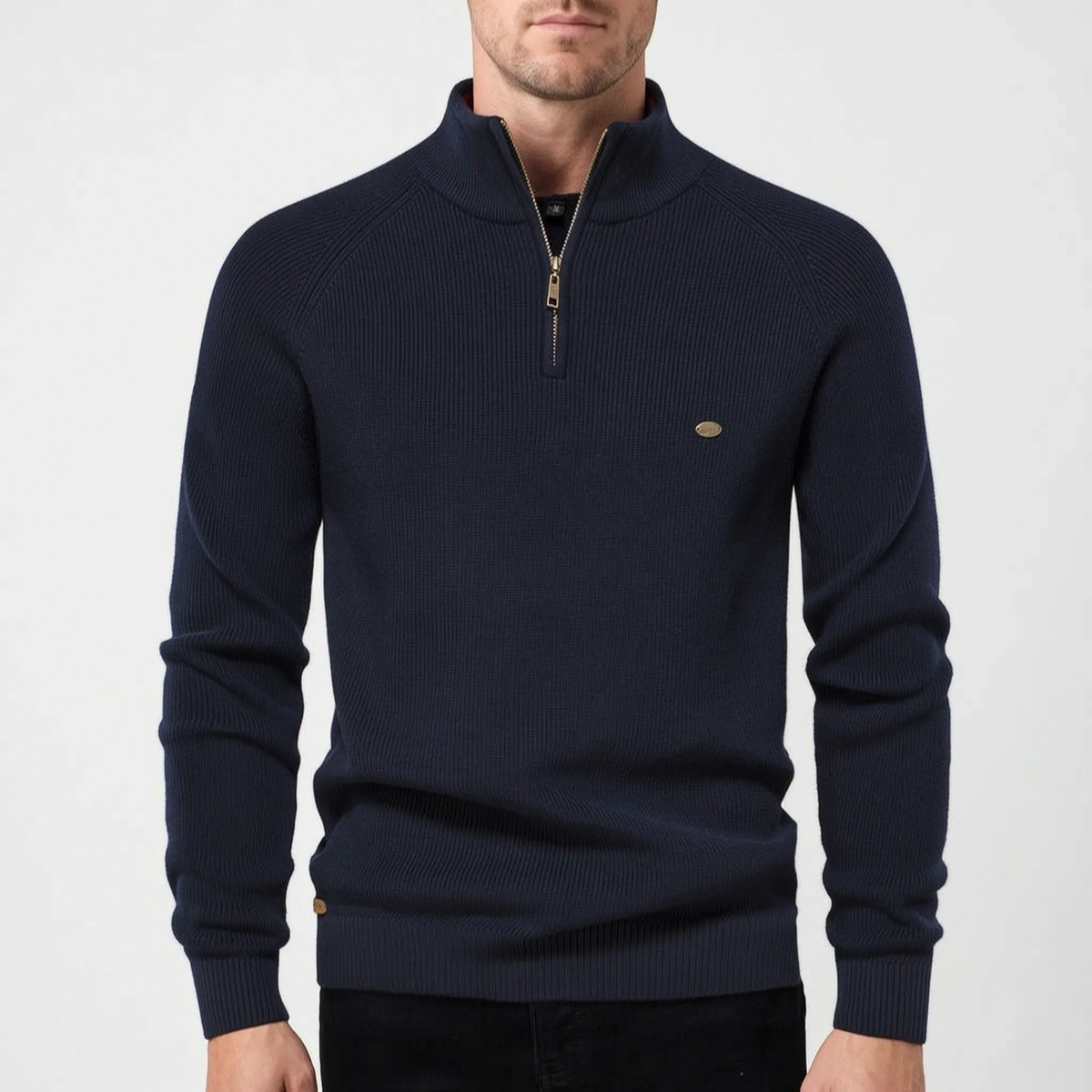 Men's ribbed mock neck sweater with half-zip and long sleeves