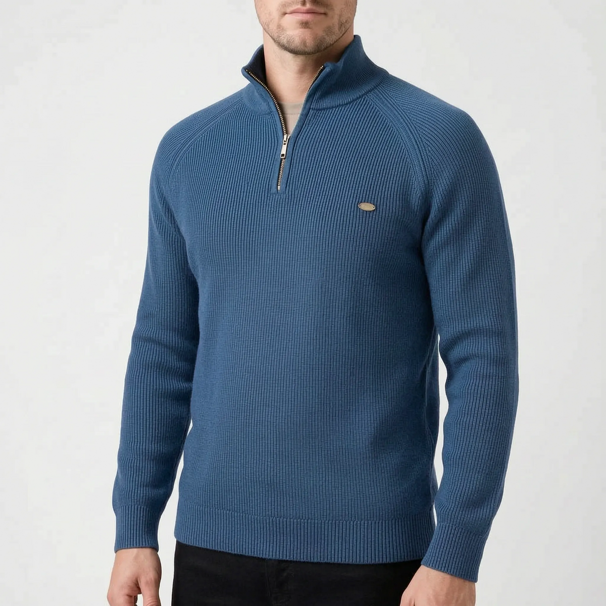 Men's ribbed mock neck sweater with half-zip and long sleeves