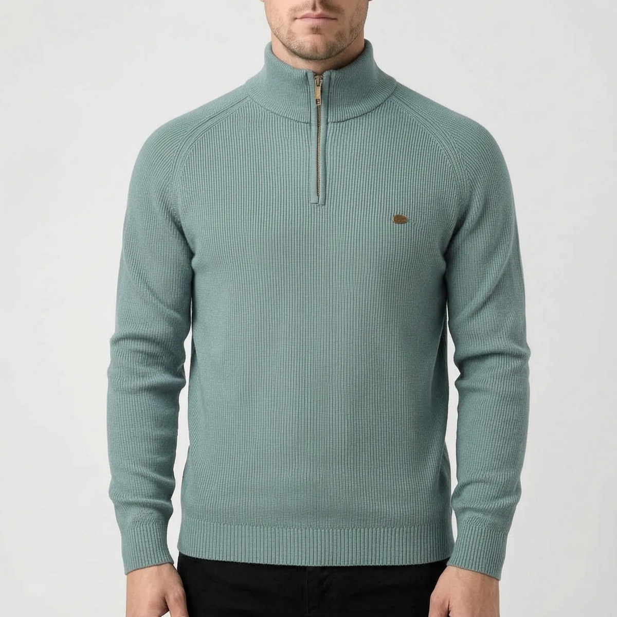 Men's ribbed mock neck sweater with half-zip and long sleeves