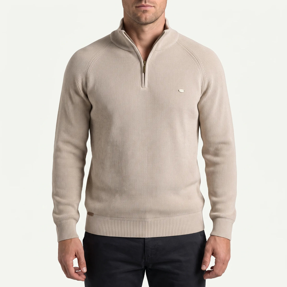 Men's ribbed mock neck sweater with half-zip and long sleeves