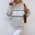 Women's blue Fair Isle pattern knit sweater with crew neck and long sleeves
