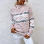 Women's blue Fair Isle pattern knit sweater with crew neck and long sleeves