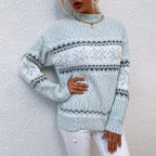 Women's blue Fair Isle pattern knit sweater with crew neck and long sleeves