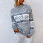 Women's blue Fair Isle pattern knit sweater with crew neck and long sleeves