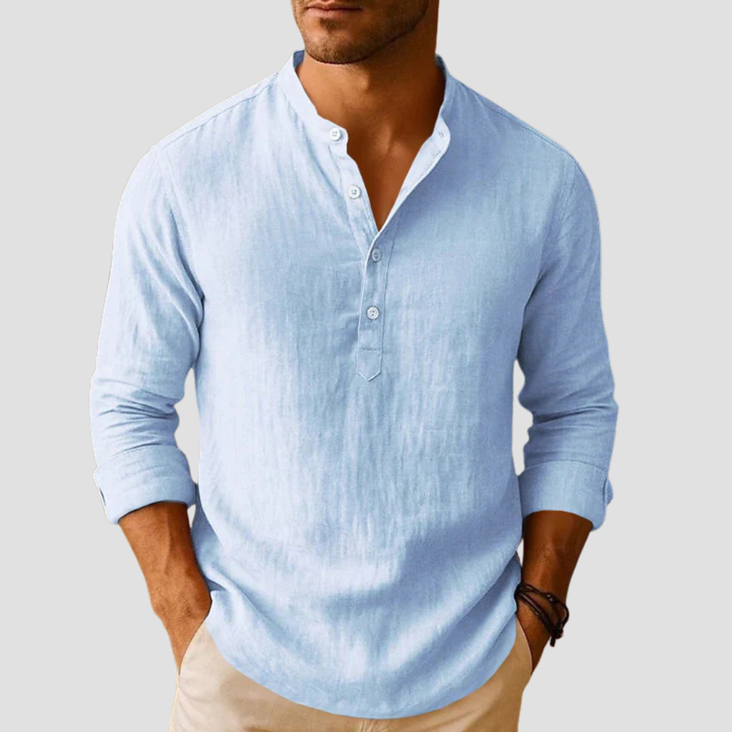 Men's long sleeve mandarin collar shirt with button placket