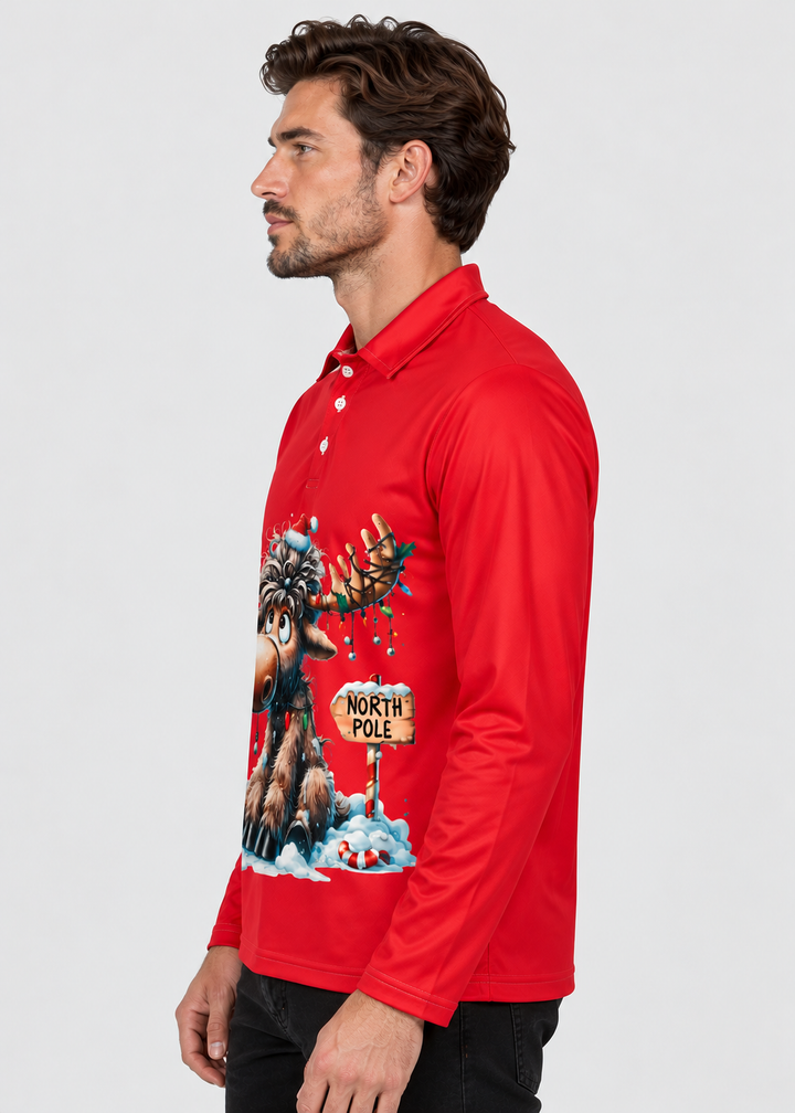 Men's Long-Sleeve Christmas Polo with Reindeer Print