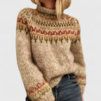 Women's Fair Isle pattern turtleneck sweater with long sleeves and ribbed trims