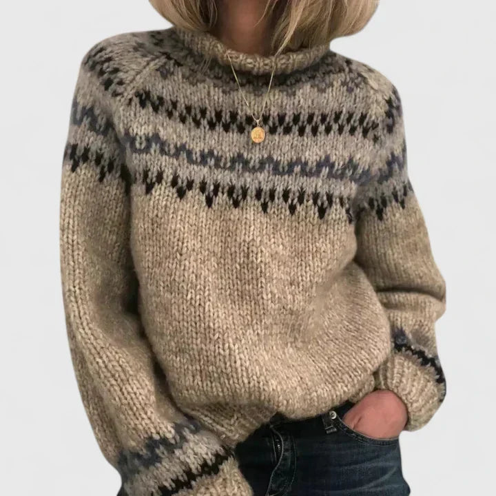 Women's Fair Isle pattern turtleneck sweater with long sleeves and ribbed trims