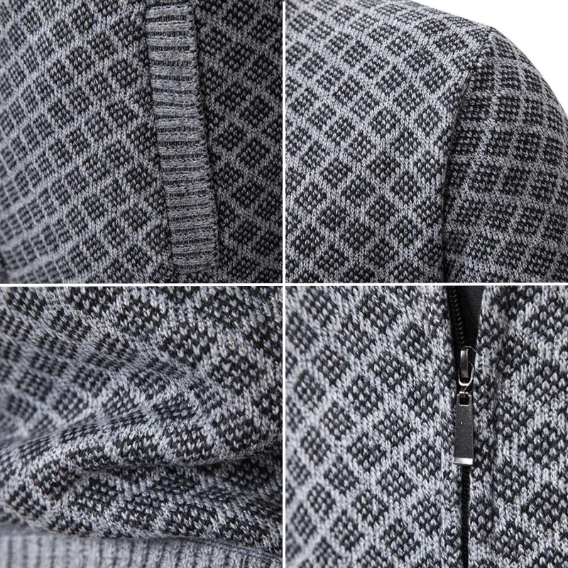 Men's textured zip sweater with raised collar and ribbed trims