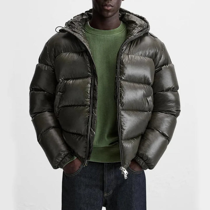 Men's hooded puffer jacket with quilted panels and front zip