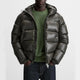 Men's hooded puffer jacket with quilted panels and front zip