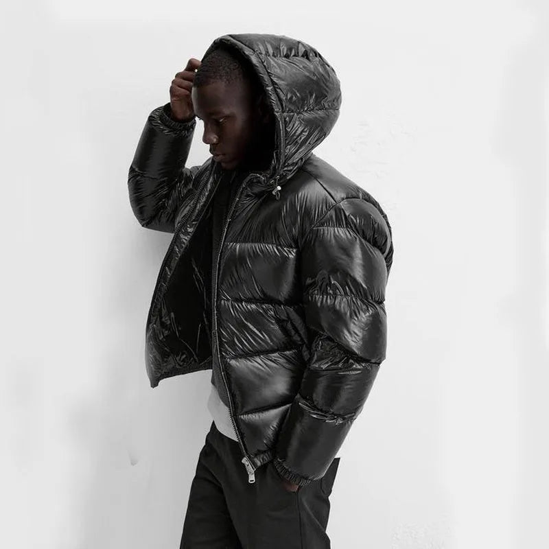 Men's hooded puffer jacket with quilted panels and front zip