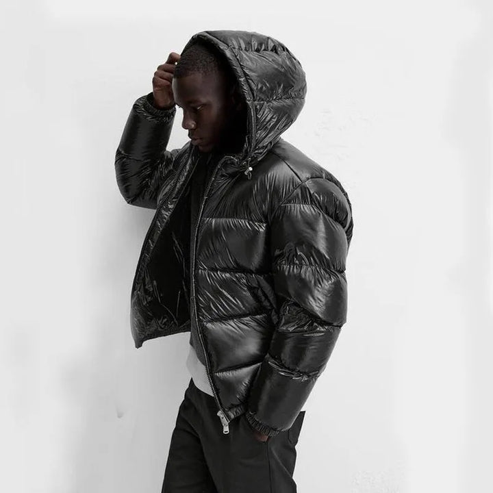 Men's hooded puffer jacket with quilted panels and front zip