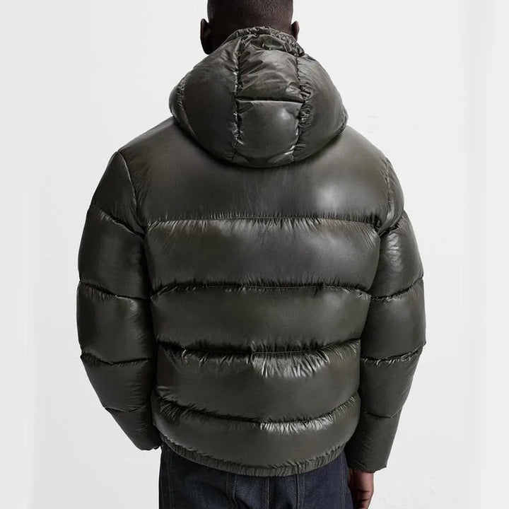Men's hooded puffer jacket with quilted panels and front zip