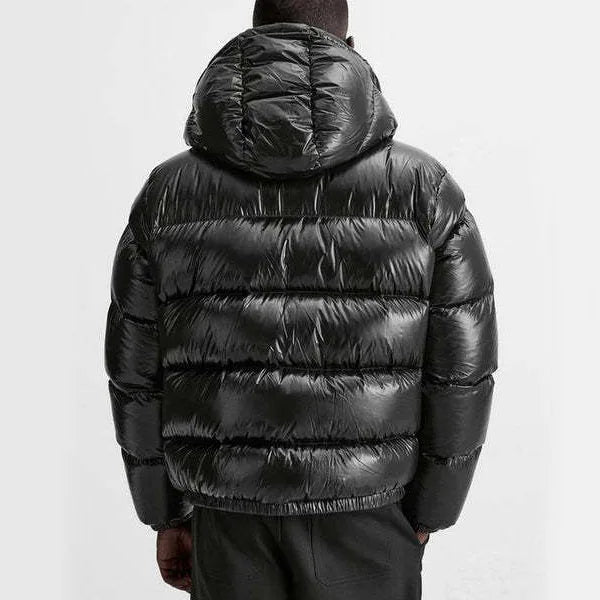 Men's hooded puffer jacket with quilted panels and front zip