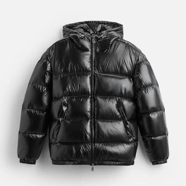 Men's hooded puffer jacket with quilted panels and front zip
