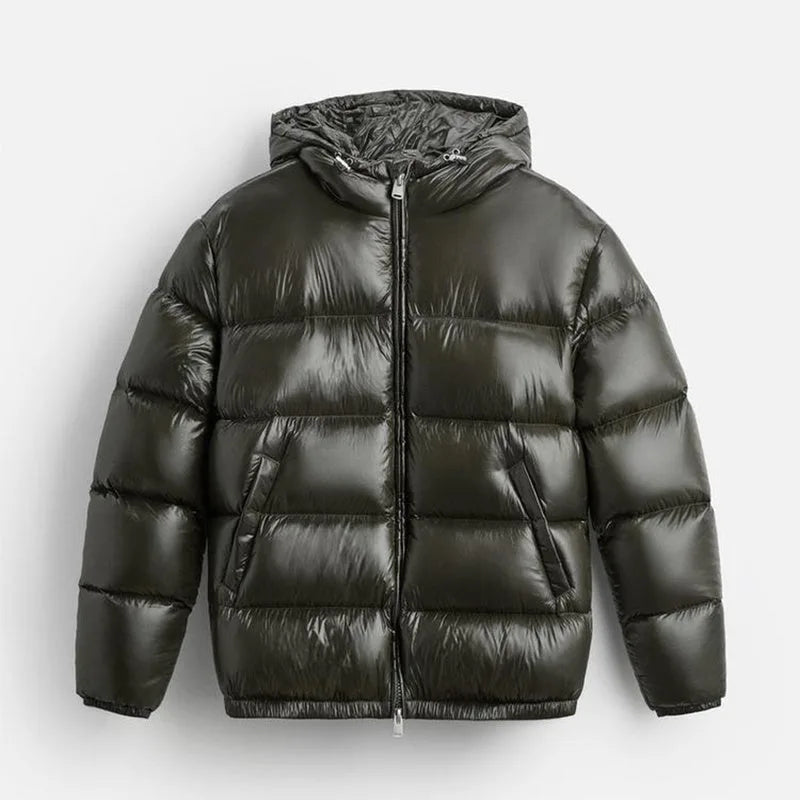 Men's hooded puffer jacket with quilted panels and front zip