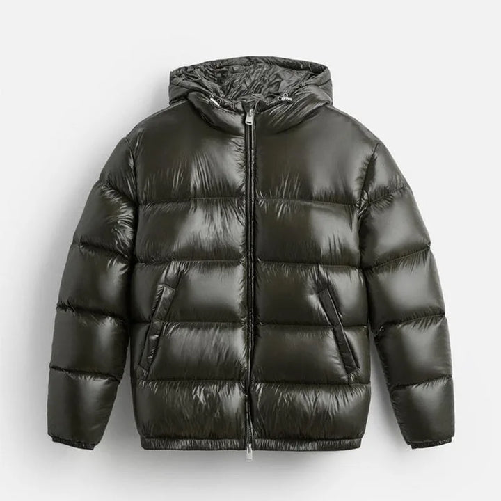 Men's hooded puffer jacket with quilted panels and front zip